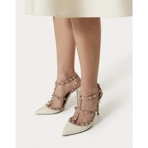 Valentino 38.5 Rockstud Caged Pumps Ivory Patent Leather